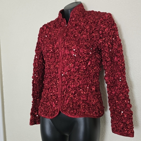 Msk Evenings Rusched Red Sparkle Sequin Stretchy Jacket Small - Picture 3 of 10